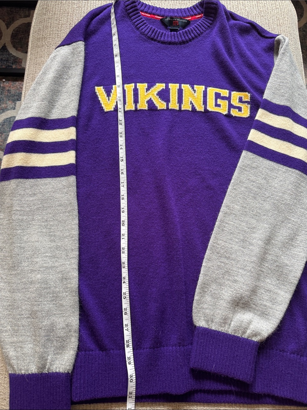 Tommy Hilfiger Minnesota Vikings Crewneck Sweater - Purple, Gray & Yellow - Picture 3 of 7